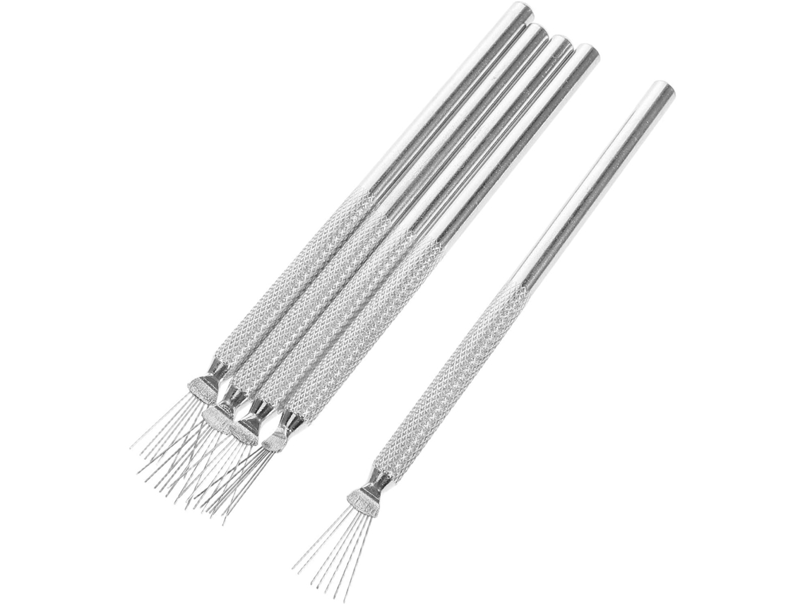 Conjunto De 5 Pincéis De Metal Prateado Para Nail Art Com Padrões Texturizados Exclusivos.
