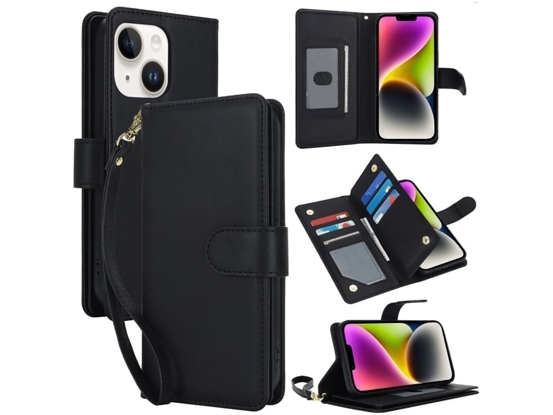 Capa Carteira De Couro Para Iphone 14 Plus - Com Rfid - Para Vários Cartões