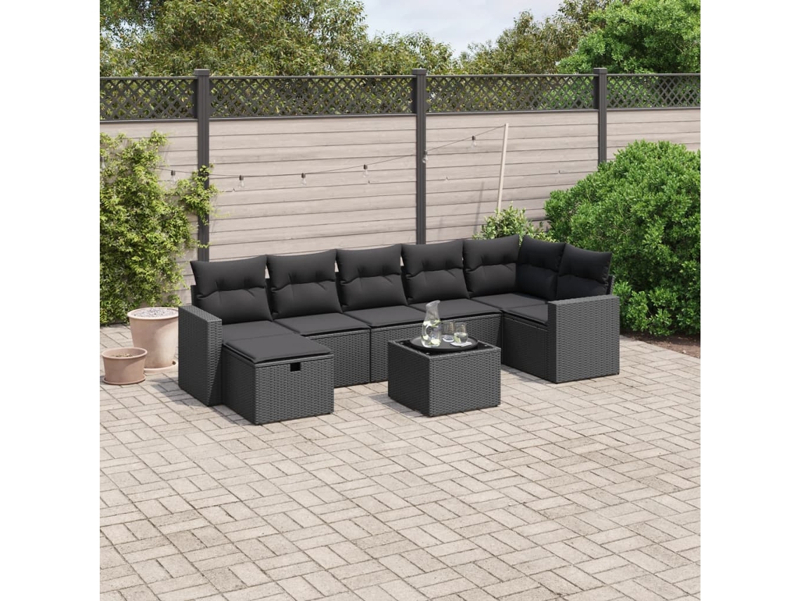 Vidaxl 8 Pcs Conjunto Sofás De Jardim Com Almofadões Vime Pe Preto