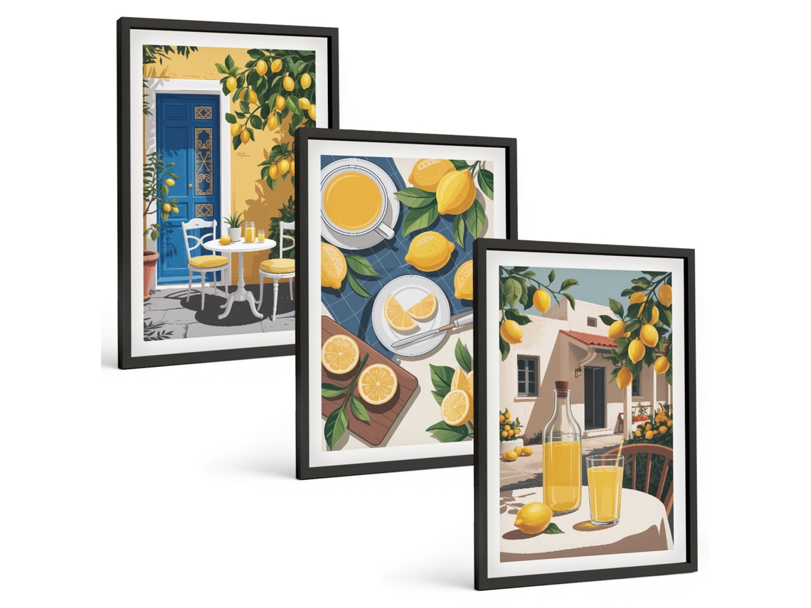 Pinturas Murais Modernas Limonada, Pátio, Sol Moldura Preta Imagens Para Um Quarto Infantil Espelharte (3 Piezas De 40x60 Cm)