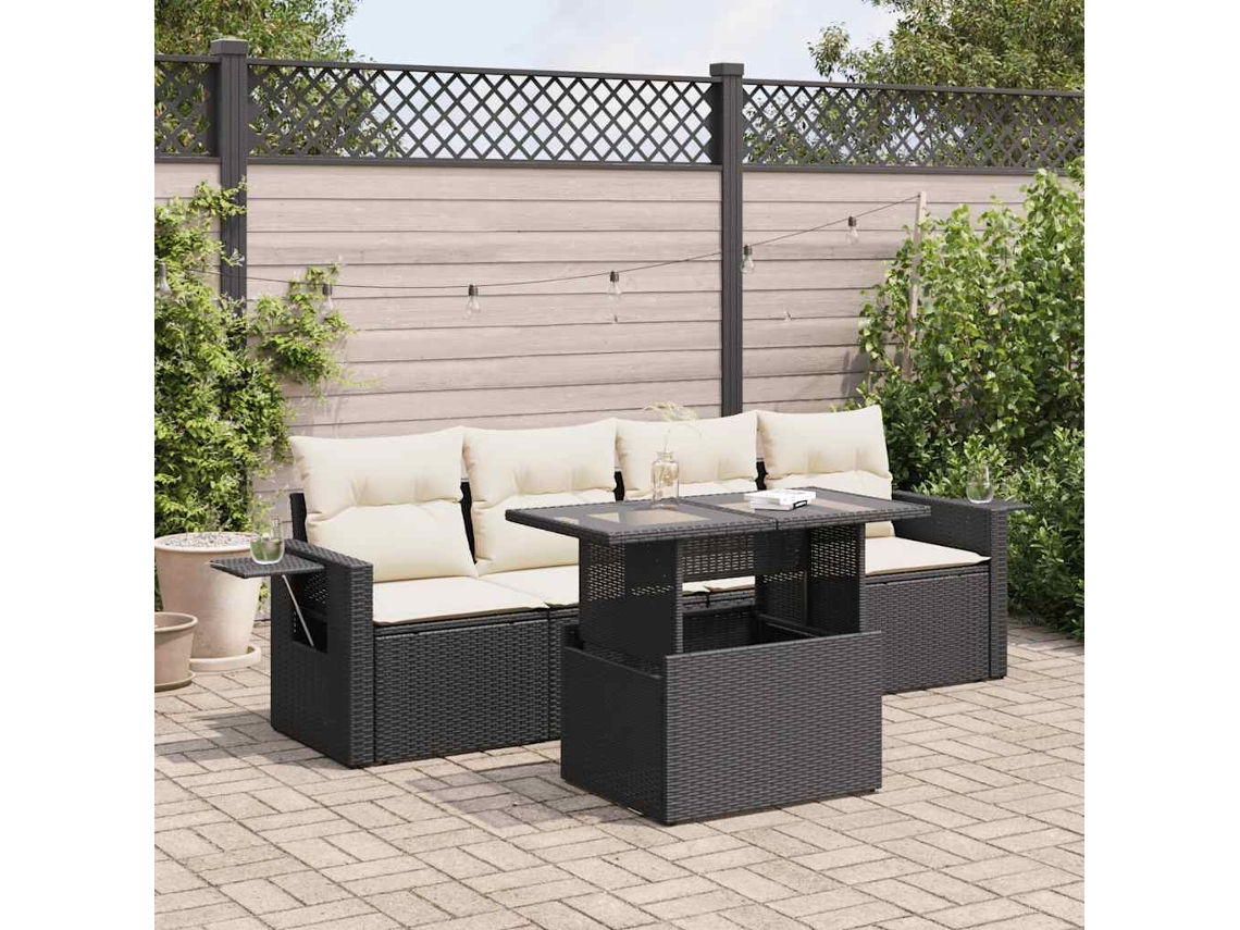 Vidaxl 5 Pcs Conjunto Sofás de Jardim com Almofadões Vime Pe Preto