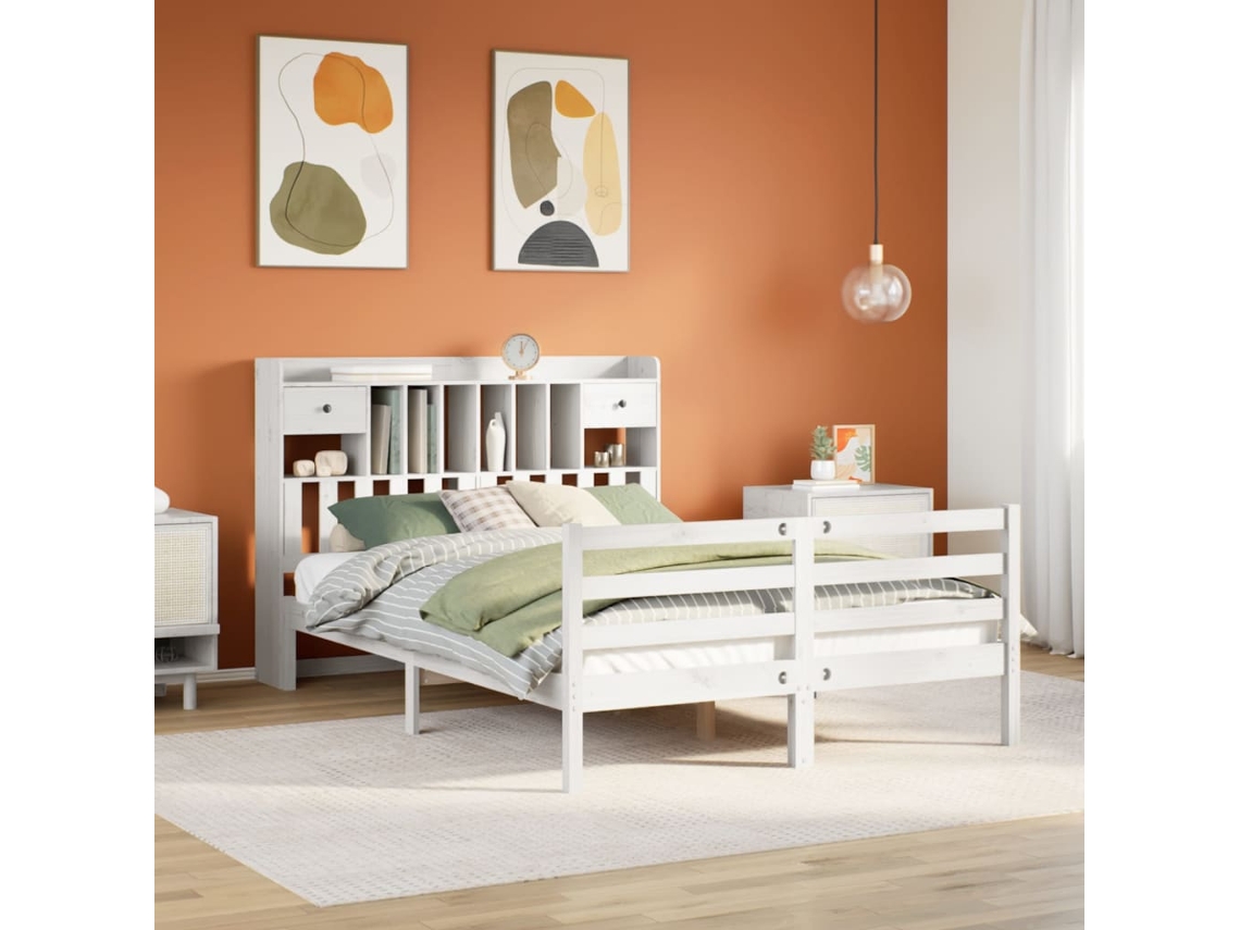 Cama Com Estante Sem Colchão 160x200 Cm Pinho Maciço Branco