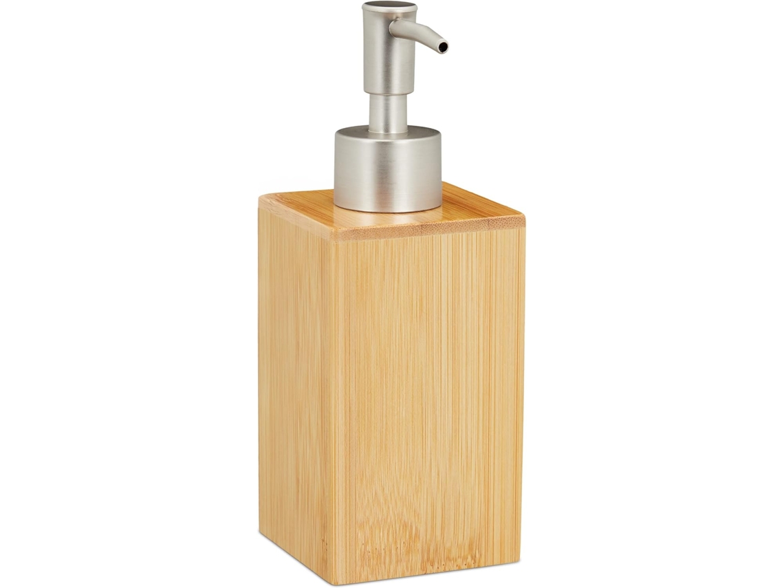 Dispensador de sabonete líquido recarregável com bomba, em bambu e plástico, 200 ml, para banheiro, cor natural/prateada, 1 unidade.