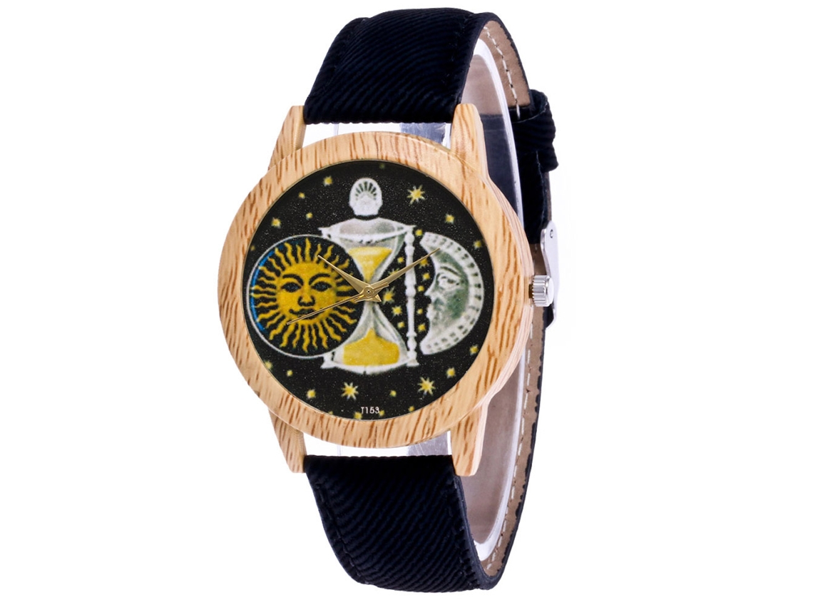 Relógio de Pulso Unissex com Padrão Sol e Lua Pulseira Jeans Quartzo Preto