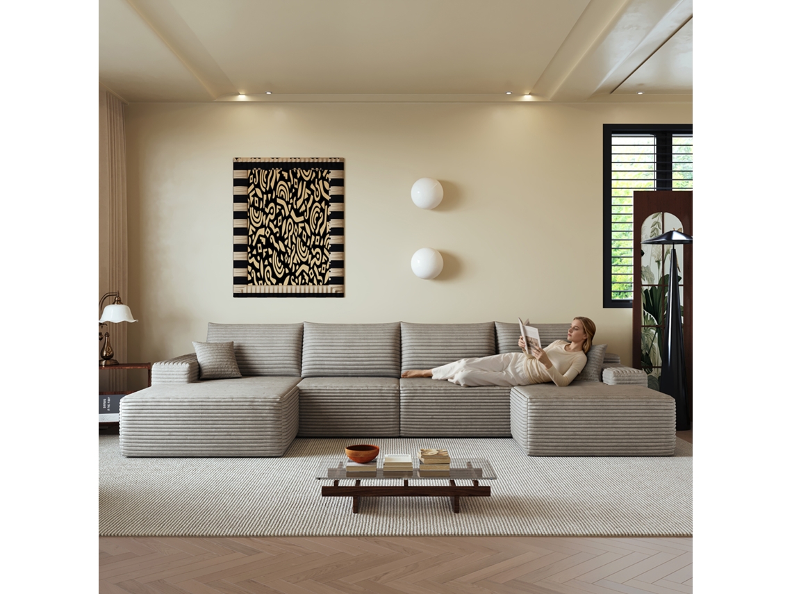 Sofá De Canto L Modular 340 Cm Com Chaise Longue, Assento Profundo, Moderno, Sem Montagem, Camel