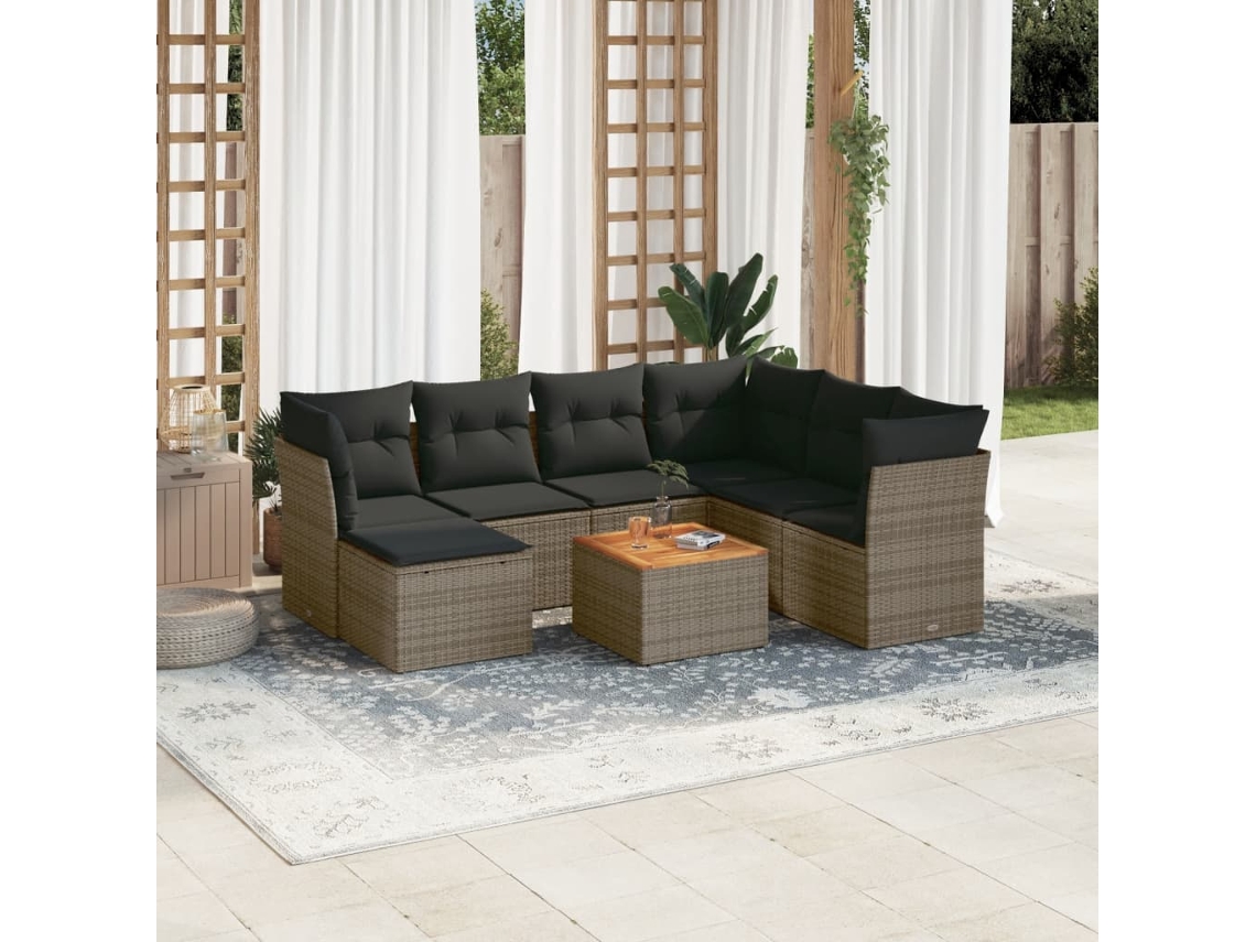 Vidaxl 8 Pcs Conjunto Sofás De Jardim C/ Almofadões Vime Pe Cinzento