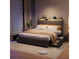 Cama De Casal Com Arrumação 160x200 Cm - 4 Gavetas Silenciosas + Led Rgb + Usb/type-c - Estofada Veludo Cinza - Estrutura Metálica Preta - Moderna