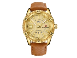 Relógio Masculino Naviforce de Couro Autêntico Resistente À Água 30m Quartz Dourado