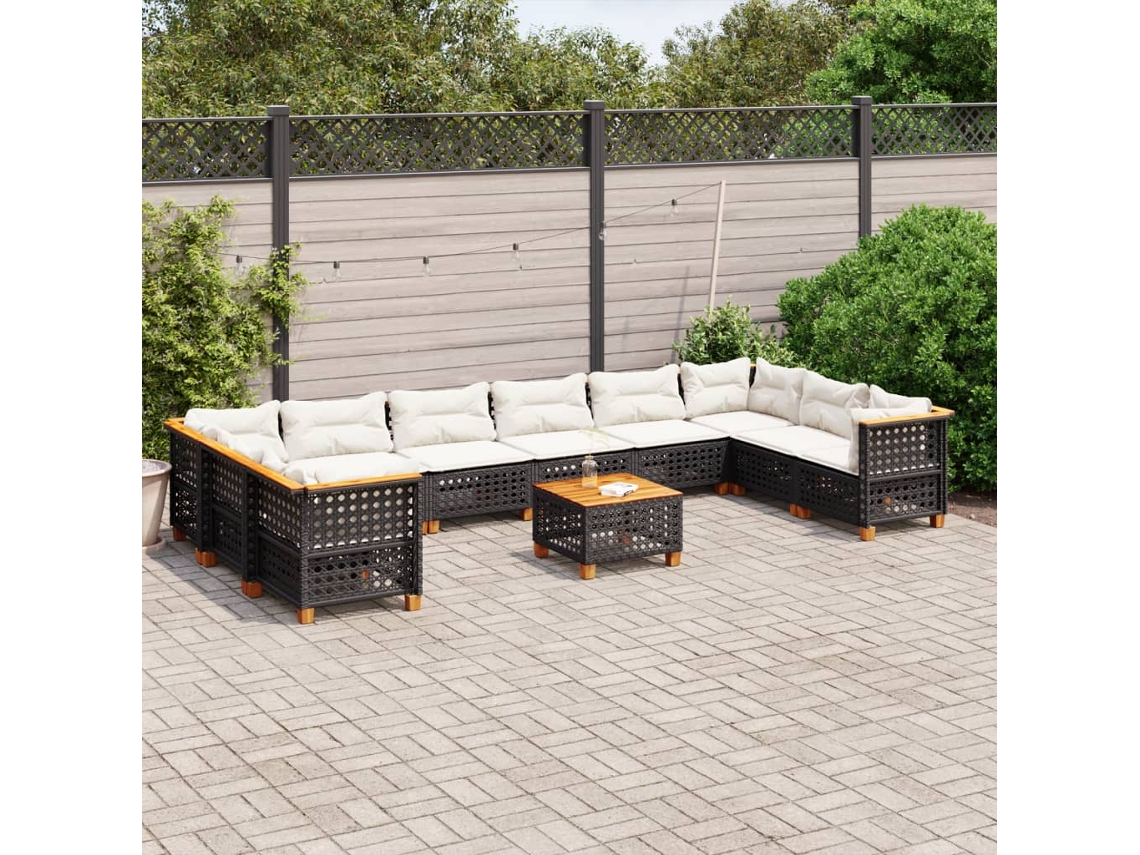 Vidaxl 11 Pcs Conjunto Sofás De Jardim C/ Almofadões Vime Pe Preto