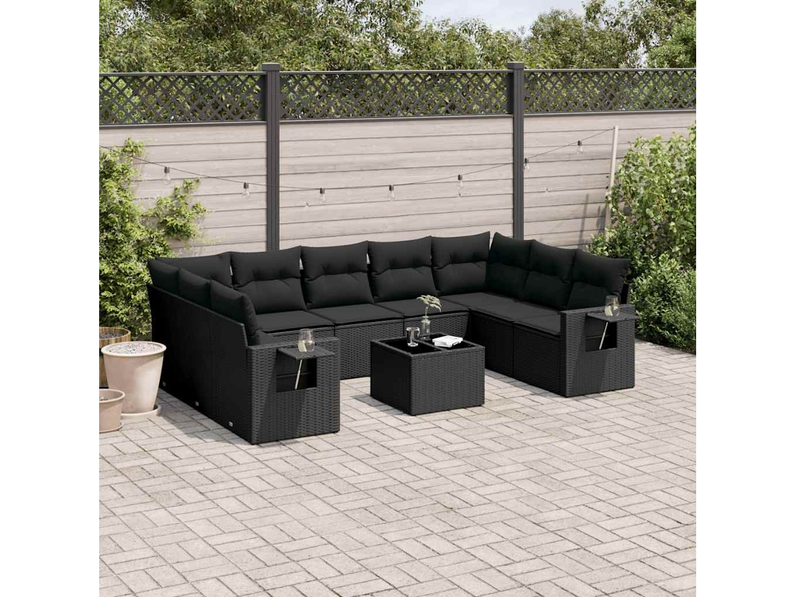 Vidaxl 10 Pcs Conjunto Sofás de Jardim C/ Almofadões Vime Pe Preto