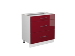Móvel de cozinha Vicco Fame-Line, vermelho Borgonha alto brilho, 80 cm com 3 gavetas, mármore PA
