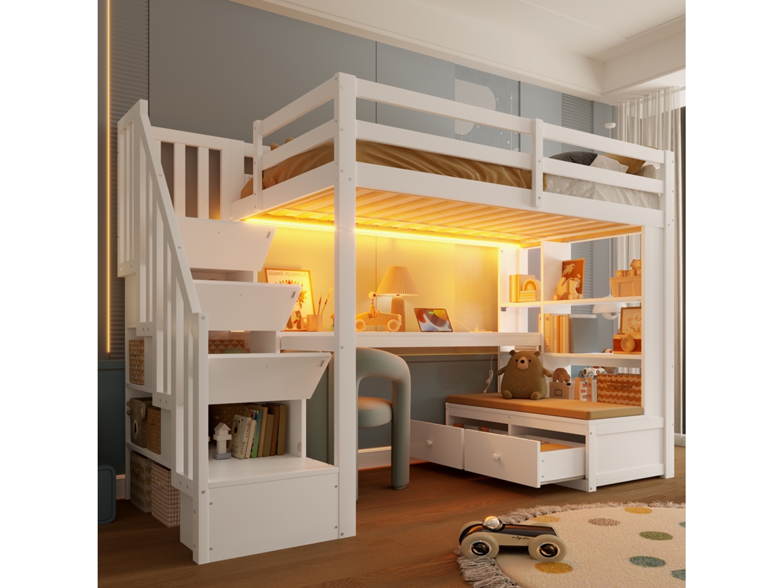 Cama Alta 90x200 Escrivaninha 2 Gavetas Escada Branca