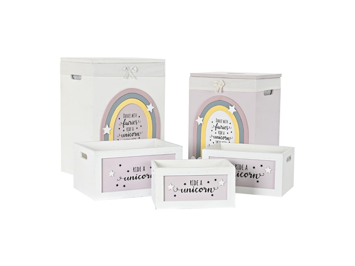 Conjunto de Cestos DKD HOME DECOR Branco Infantil Madeira de Paulónia 40 X 30 X 55 Cm 5 Peças