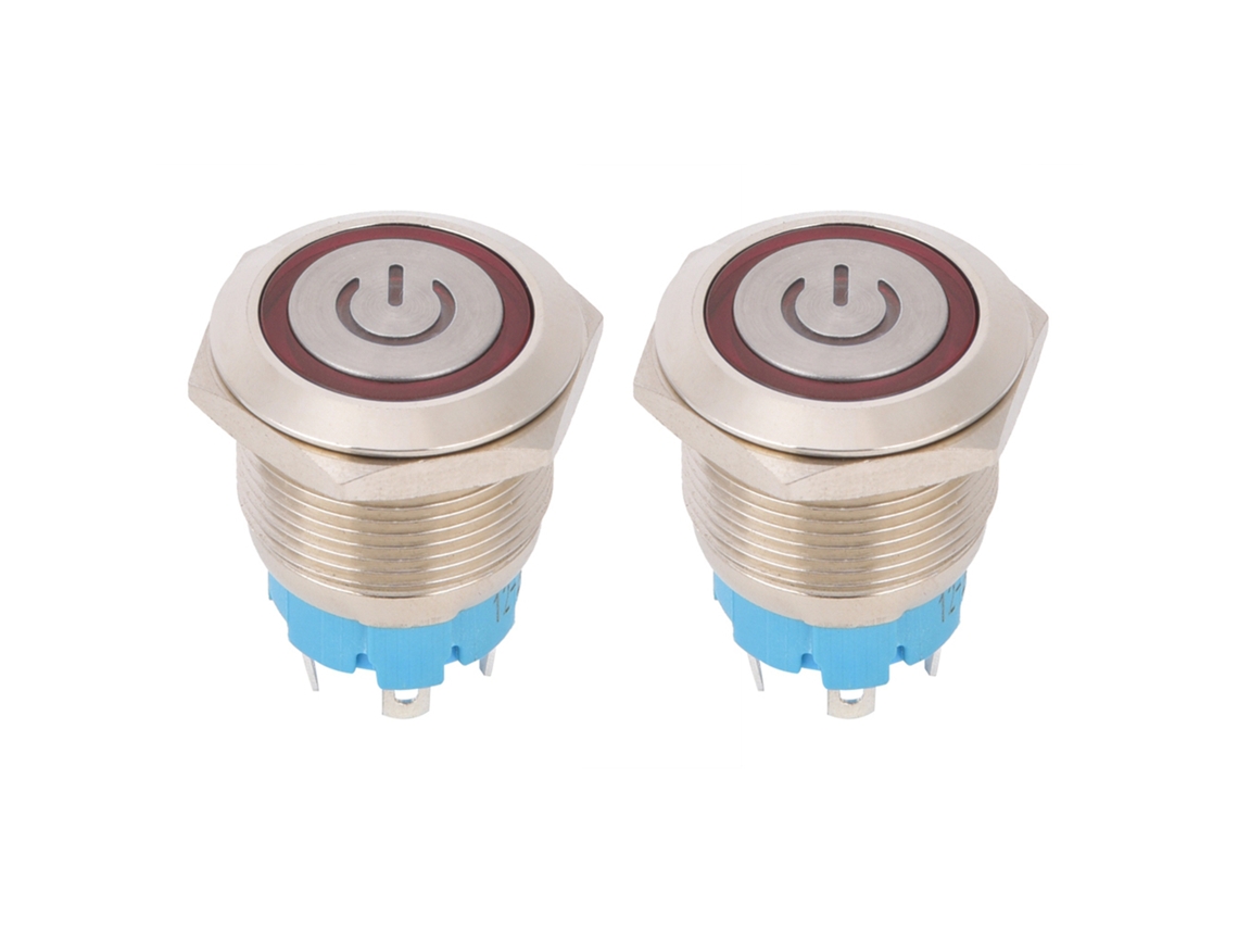 Interruptor De Botão 4-pino Com Luz 19mm Cabeça Plana Aço Inoxidável Ip65 12-24vdc Vermelho 2 Peças