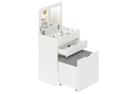 Toucador com Banco Oculto, Espelho Rebatível, Gaveta e 7 Compartimentos Branco FLUISHINE