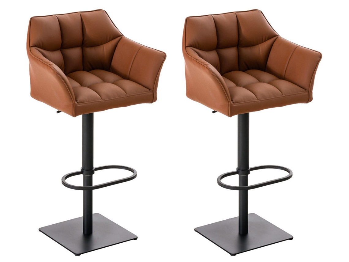 Conjunto de 2 banquetas de bar ajustáveis em couro sintético marrom claro com assento acolchoado envolvente e base quadrada de metal preto 10_0006386 Décoshop26