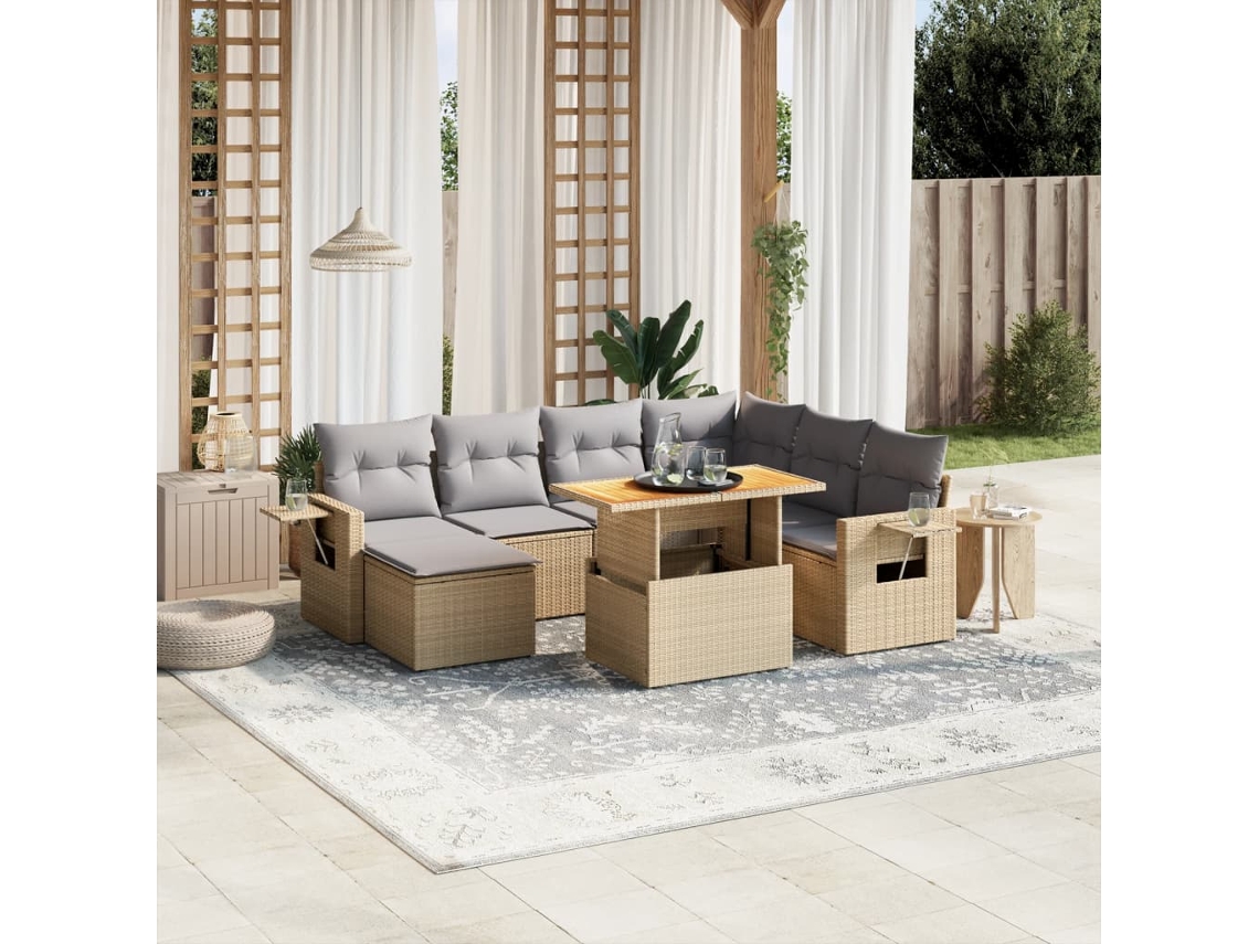 Vidaxl 8 Pcs Conjunto De Sofás P/ Jardim Com Almofadões Vime Pe Bege
