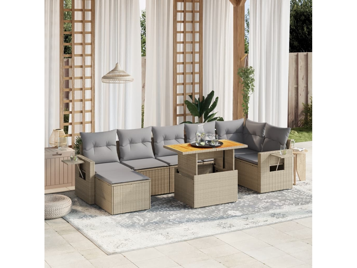 Vidaxl 8 Pcs Conjunto De Sofás P/ Jardim Com Almofadões Vime Pe Bege