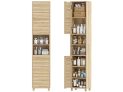 Armario Alto para Baño Con Estantes Ajustáveis Portas de Lamas Abertura por Presión 34x23x170 Cm Natural ZACHARY
