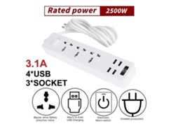 Régua De Tomadas Xiaole Com Proteção Contra Surtos, 3 Tomadas E 4 Portas Usb, 2500w Com Cabo De Extensão, Proteção Múltipla, Branca Olysi Shop