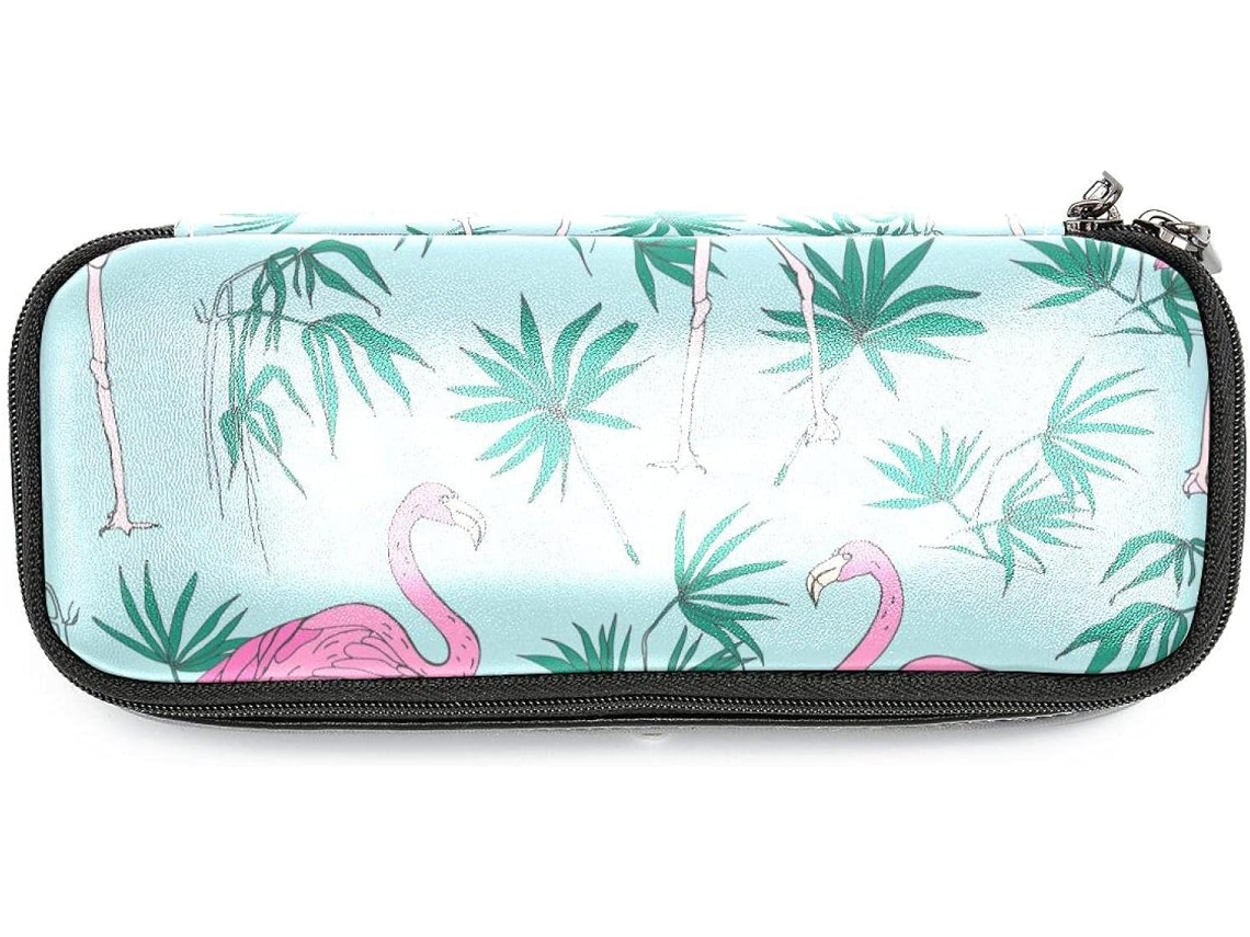Estojo Grande Com Estampa De Flamingo E Folha Verde, Ideal Escola, Escritório, Adultos, Meninas E Meninos