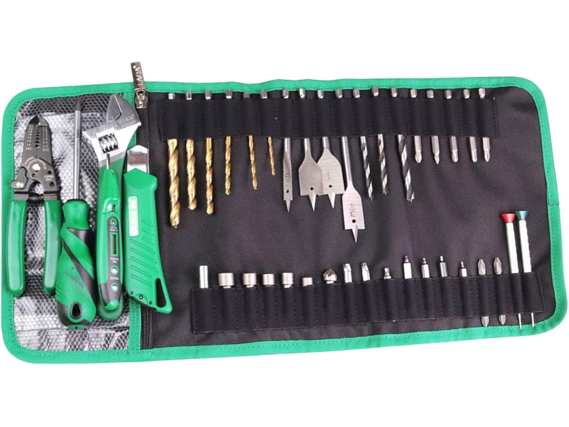 Bolsa para ferramentas enrolável com zíper em tecido transparente para transporte organizado, ideal para guardar peças pequenas.