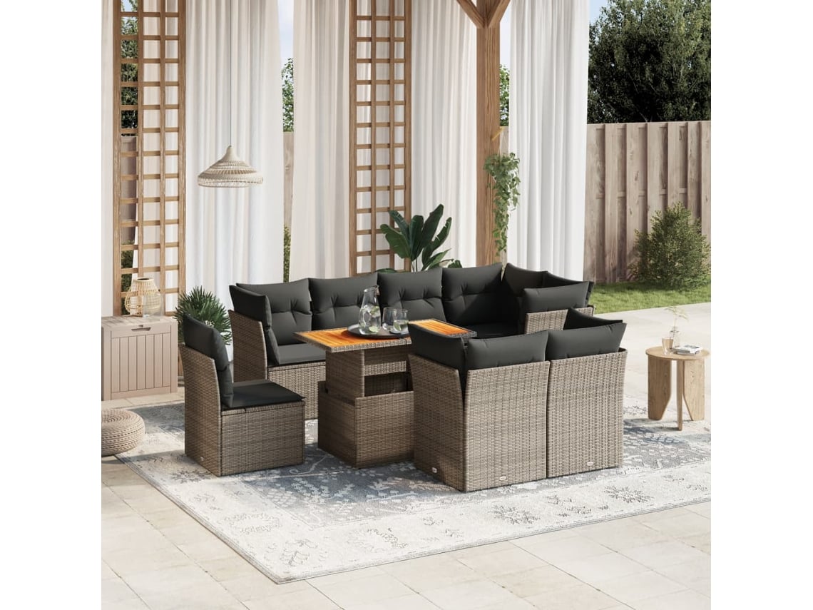 9 Pcs Conjunto Sofás P/ Jardim Com Almofadões Vime Pe Cinza Dkd Home Decor