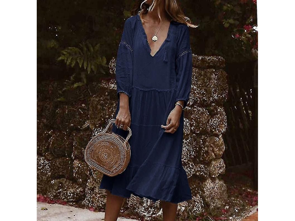 Vestido midi feminino de verão 2026 em cor sólida com decote em V e mangas 3/4.