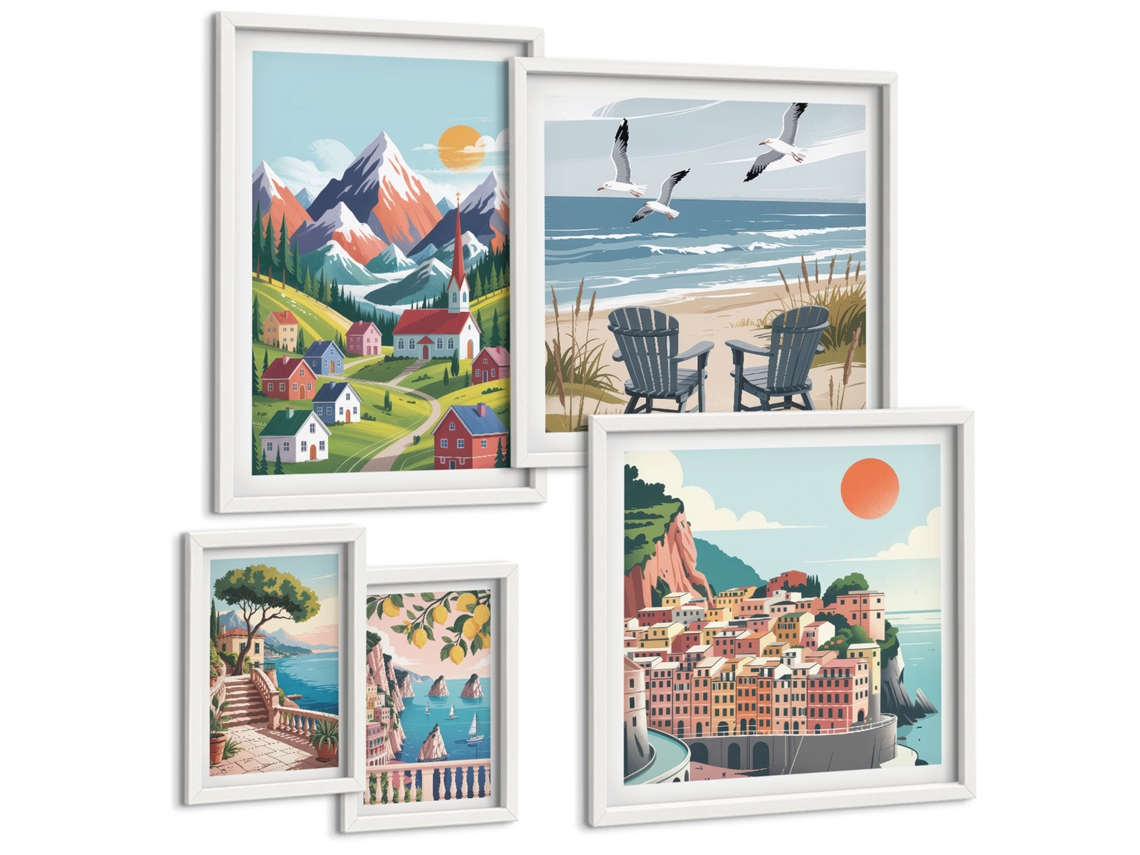 Pinturas Murais Modernas Vistas Litorâneas Em Tons Pastel Moldura Branca Pinturas De Quarto Espelharte (conjunto De 5 Imagens)
