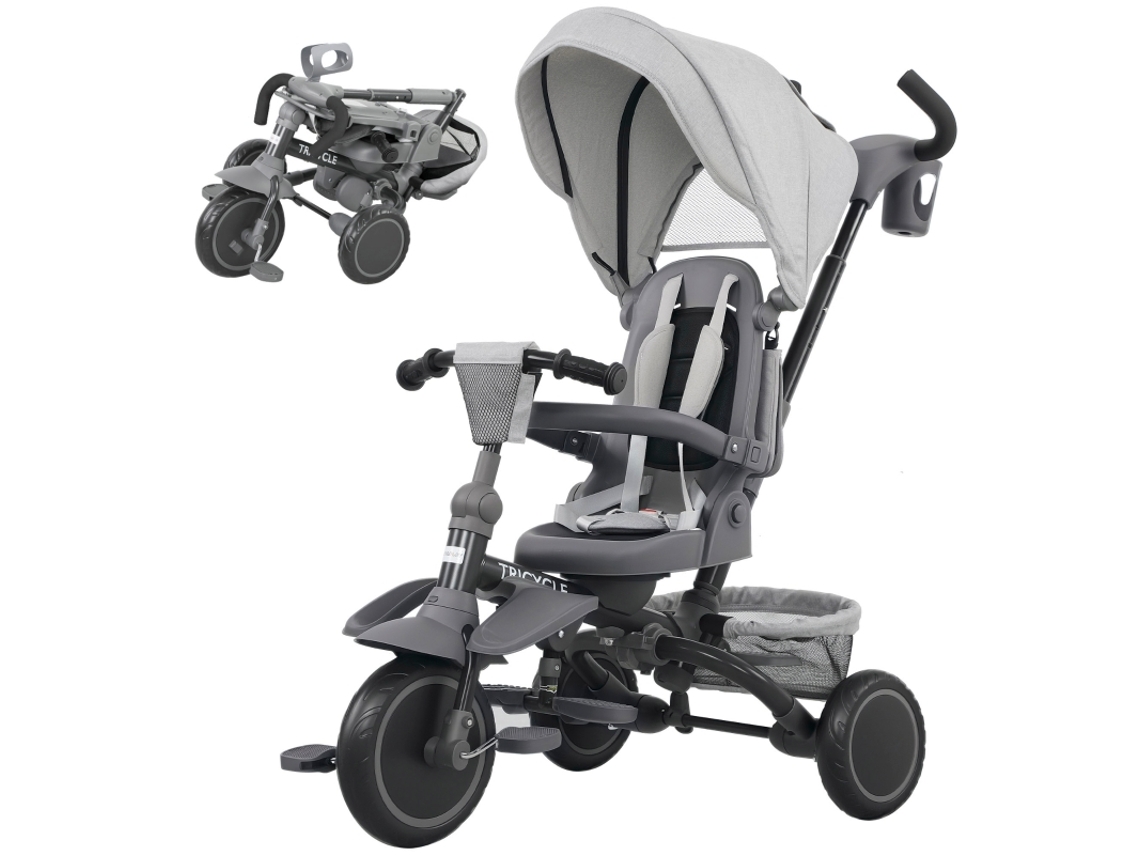 Triciclo Infantil 6 Em 1 Para Bebês, Com Empurrador, Assento Ajustável, Design Dobrável, Rede De Segurança, Cinza.