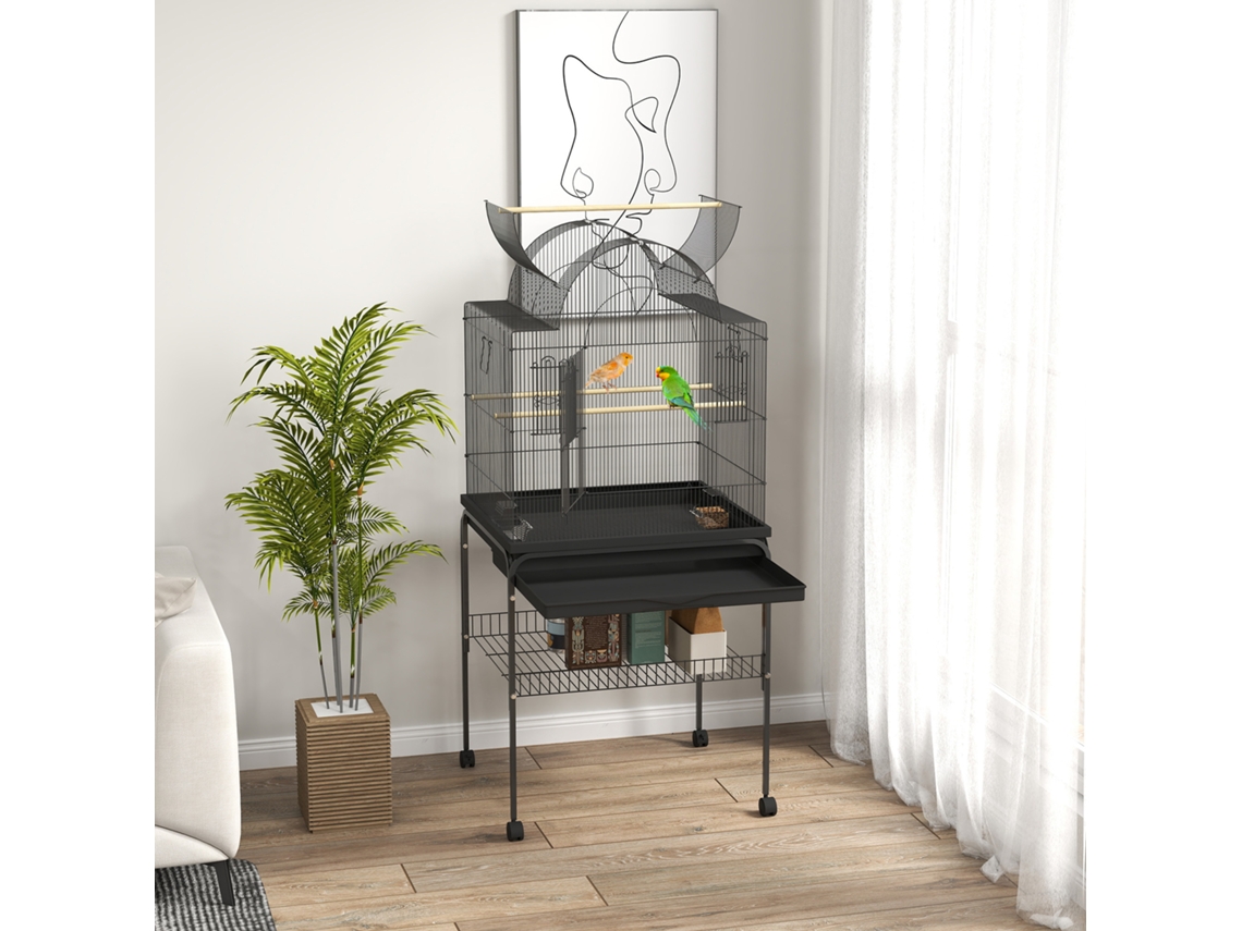 Mobile Bird Cage For Canaries Budgies With Bottom Compartment, Metal Mesh, Black