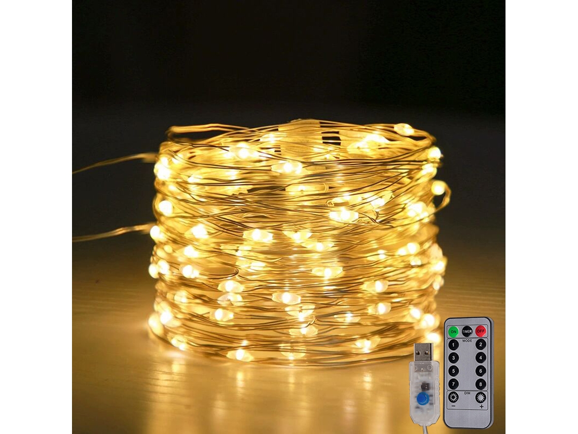 Lâmpada de Fada Led com Plugue Usb e Controle Remoto. MDUG (10 M, 100 Leds, Luz Quente)