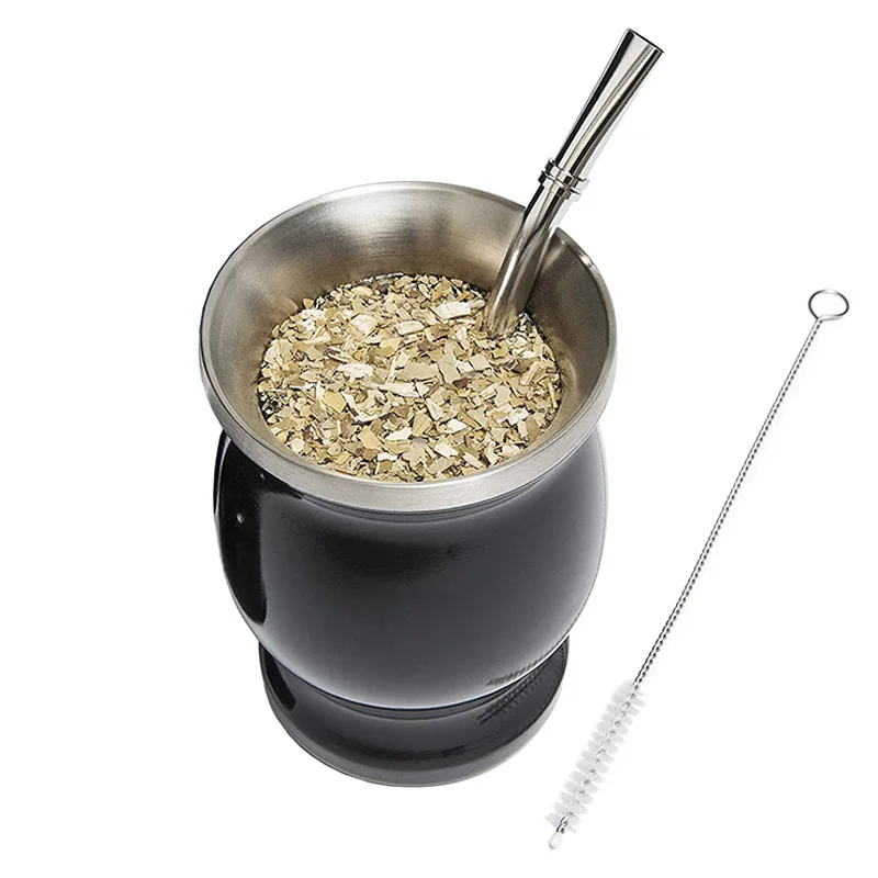 Xícara De Mate (preta) De 240ml, Em Aço Inoxidável 304, Com Parede Dupla, Estilo Argentino.