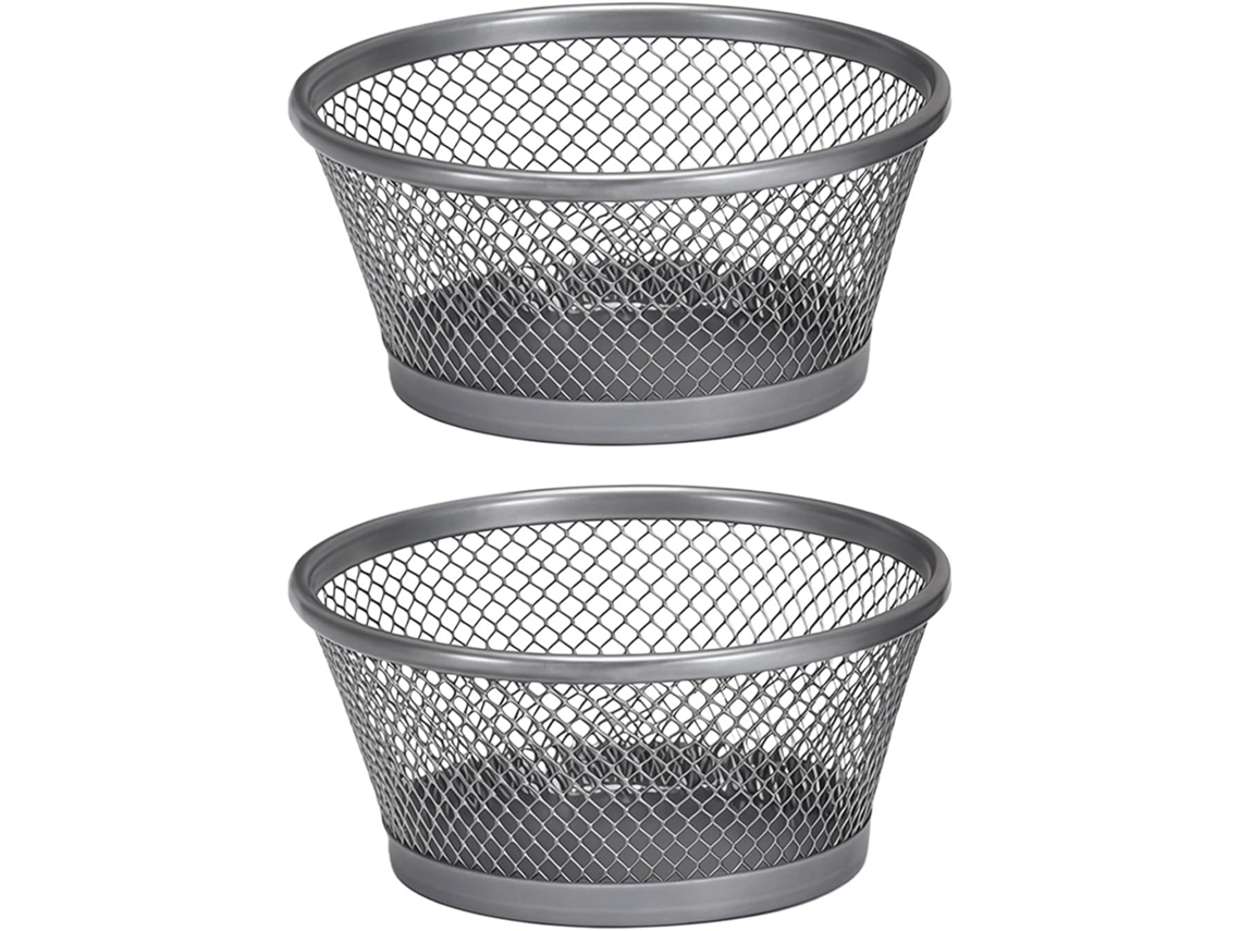 Suporte de metal com clipes e tachininhas com design aberto na parte superior e base antiderrapante para organização da mesa.