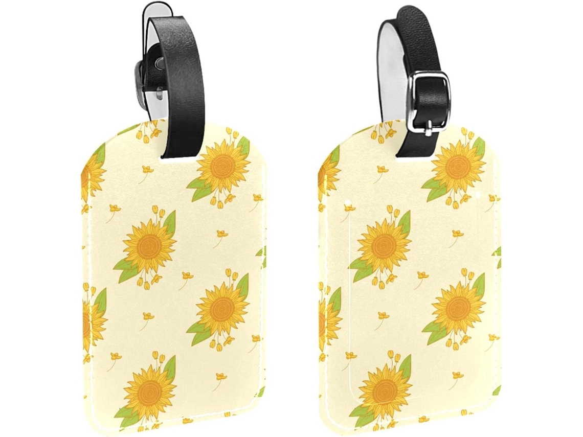 Conjunto De 2 Etiquetas Bagagem Em Couro Sintético Com Estampa Girassol Amarelo E Folha