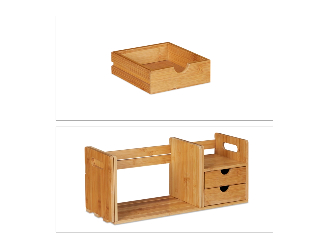 Relaxdays Organizador De Secretária Em Bambu, 2 Gavetas, Estante Extensível, Hxlxp: 21 X 80,5 X 19 Cm, Natural