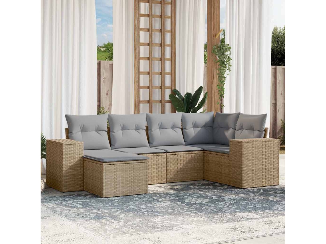 Vidaxl 6 Pcs Conjunto De Sofás P/ Jardim Com Almofadões Vime Pe Bege