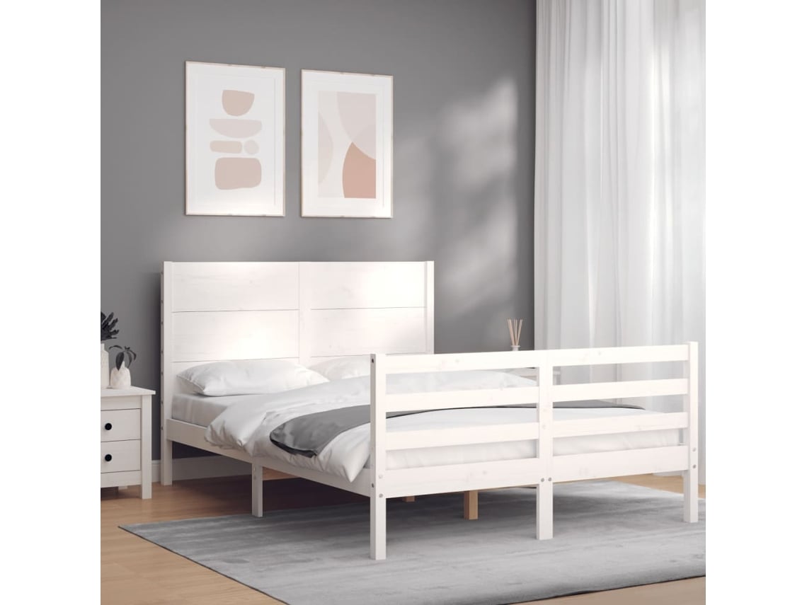 Estrutura De Cama Com Cabeceira 140x200cm Madeira Maciça Branco