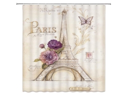 Cortina de chuveiro retrô com estampa da Torre Eiffel, flores e borboletas, 180x180cm, poliéster impermeável com ganchos.
