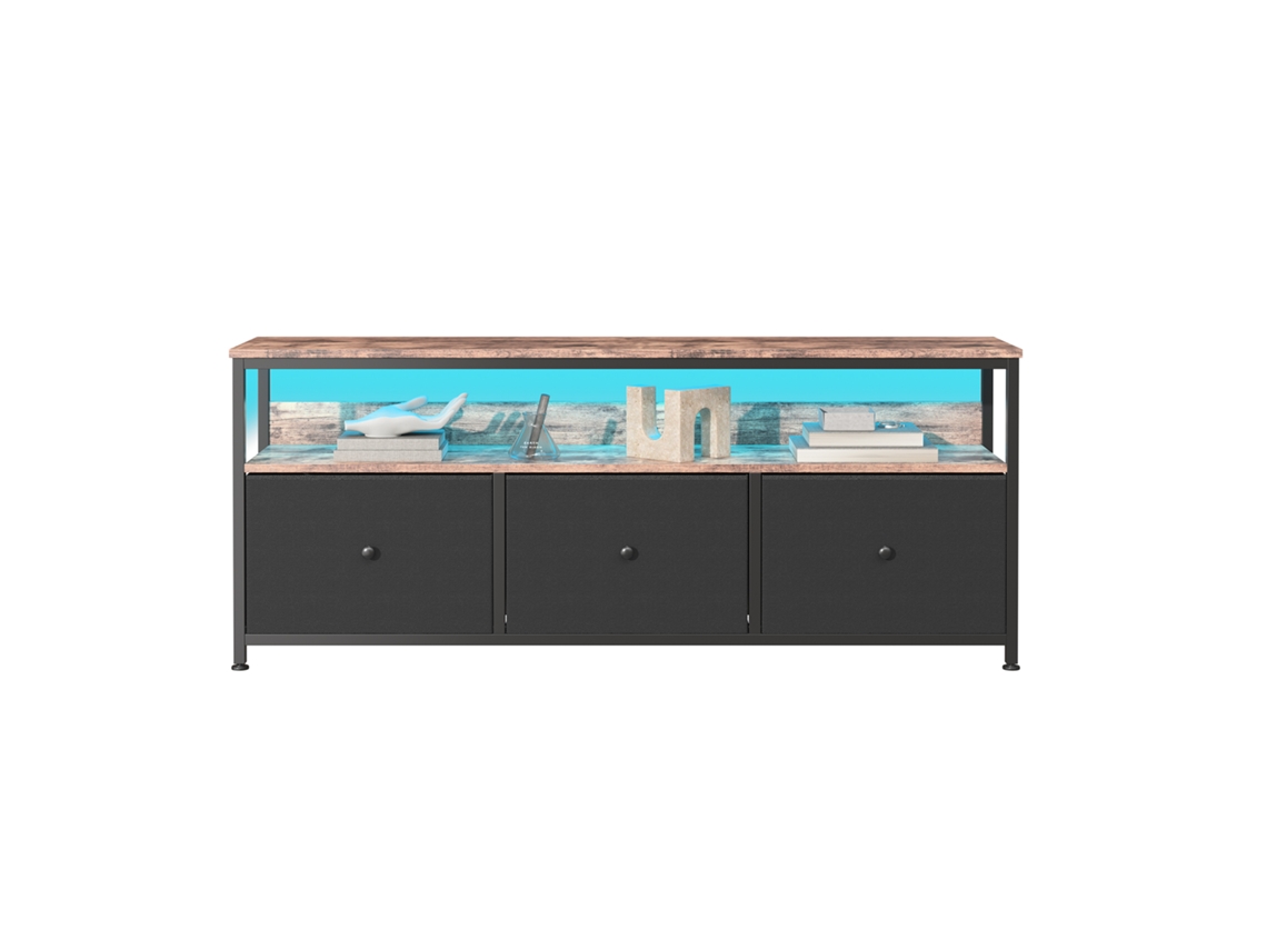 Móvel Tv 108 Cm Com Led, 3 Gavetas Em Tecido Pu, Arrumação Para Sala, Estrutura Metálica, Efeito Madeira Escura, Preto