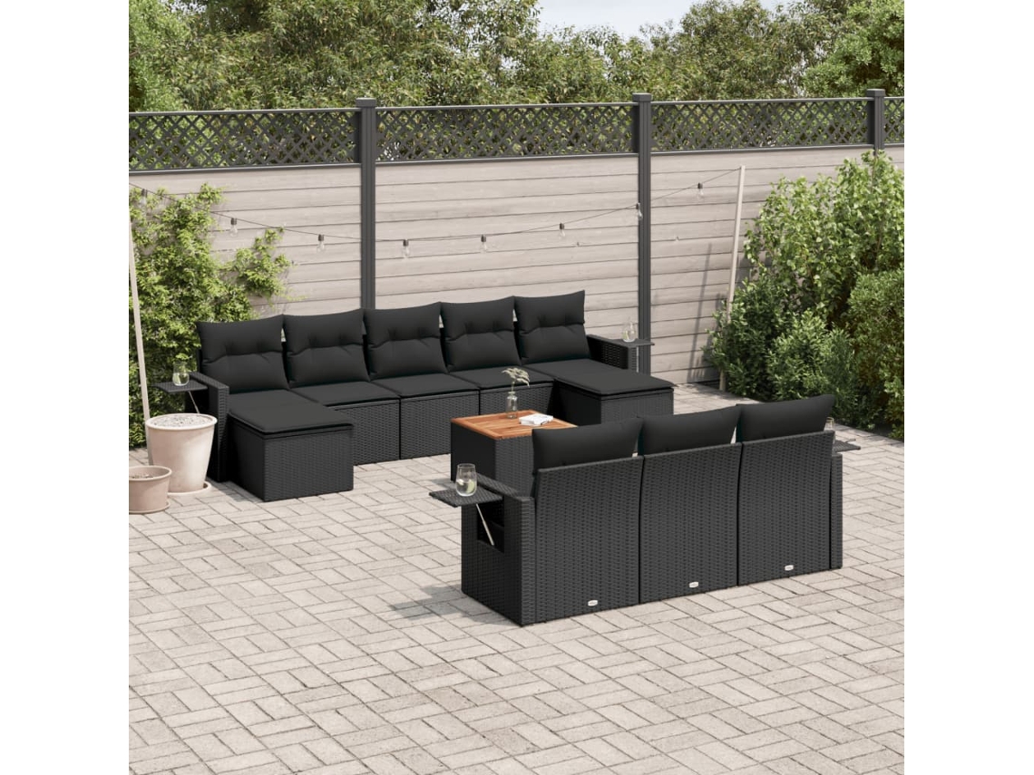 Vidaxl 11 Pcs Conjunto Sofás De Jardim C/ Almofadões Vime Pe Preto