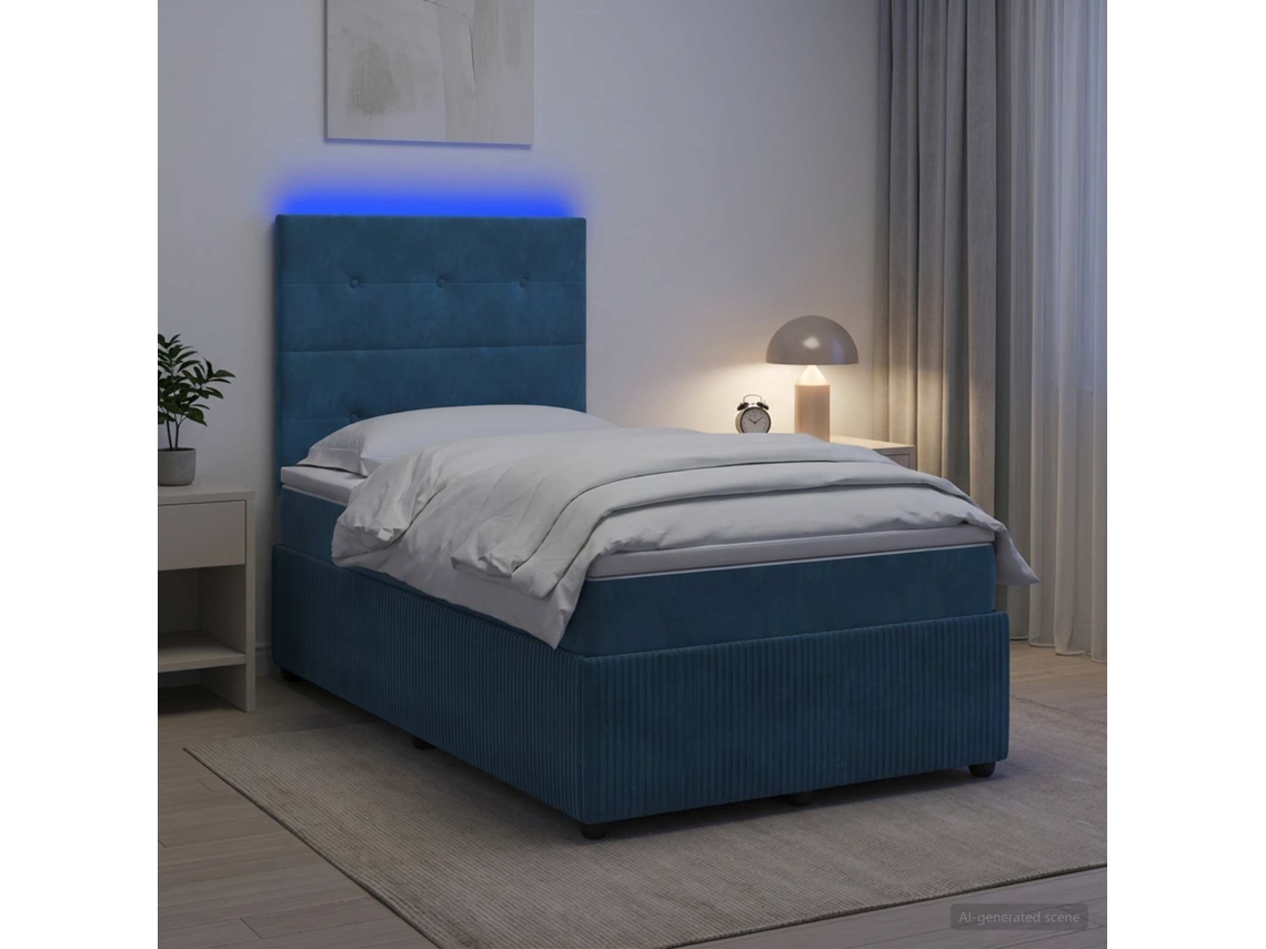 Vidaxl Cama Box Com Led E Colchão Azul 120 X 190 Cm Veludo