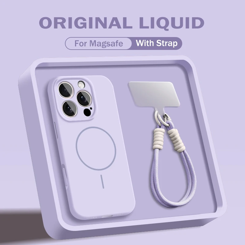 Capa Protetora De Silicone Líquido Com Carregamento Magnético (roxa) Para Iphone 16 Pro, Com Alça De Pulso E Cordão.