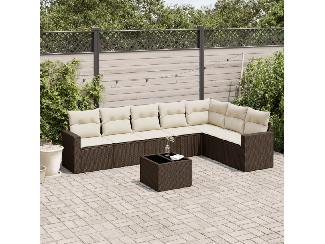 Vidaxl 8 Pcs Conjunto Sofás De Jardim C/ Almofadões Vime Pe Castanho