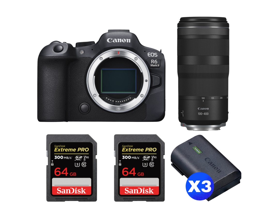 Eos R6 Mark Ii + Rf 100 400mm F/5.6 8 Is Usm + 2 Sandisk 64gb Uhs ii 300mb/s + 3 Canon Lp e6nh + Ebook “20 Dicas para Fotos Que Impressionam” CANON
