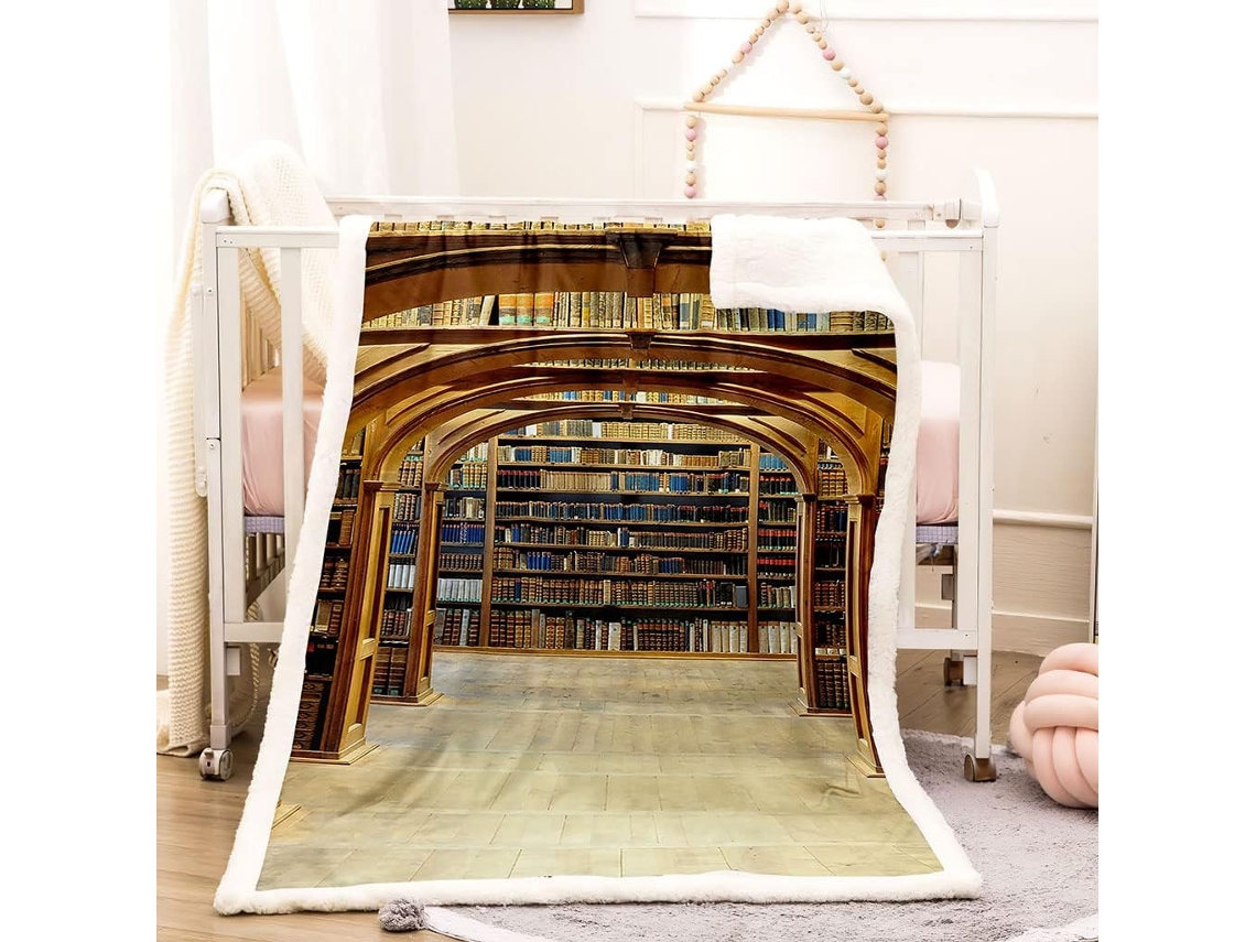 Manta com Estampa de Biblioteca em Microfibra 150x150cm