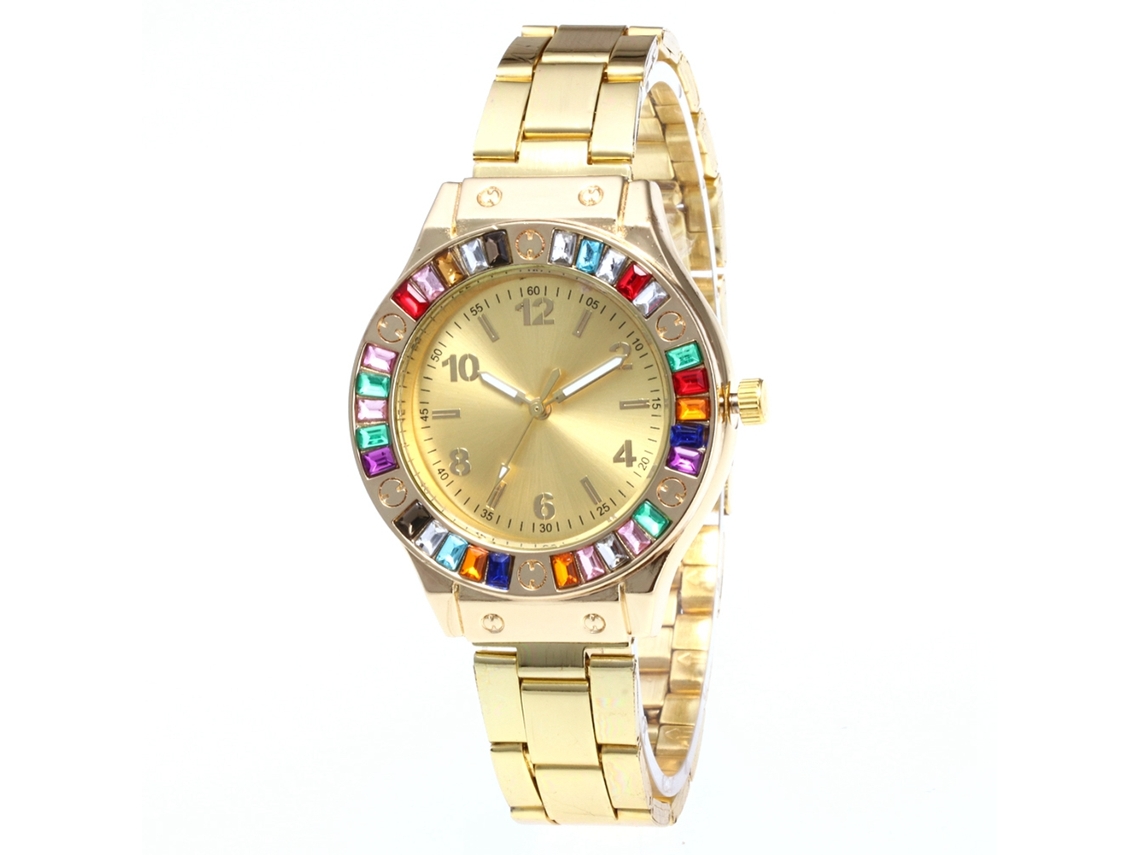 Reloj De Cuarzo De Muñeca Con Cinturón De Acero Y Piedras Rhinestone Para Mujer Y Hombre (oro)