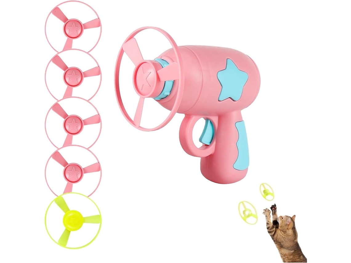 Lançador Disco Gato – Brinquedo Interativo Gato – Jogo Apanhar E Perseguir – Com 5 Discos Coloridos – Rosa