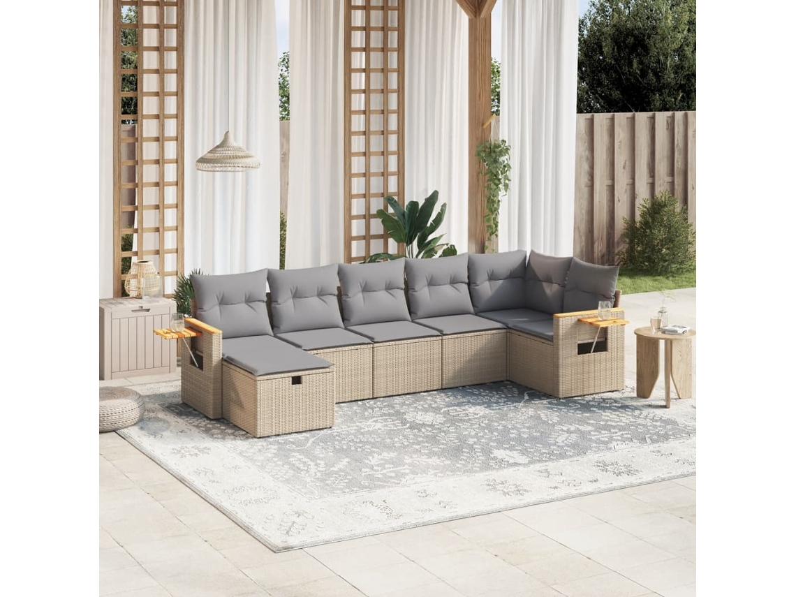 Vidaxl 7 Pcs Conj. Sofás Jardim C/ Almofadões Vime Pe Bege