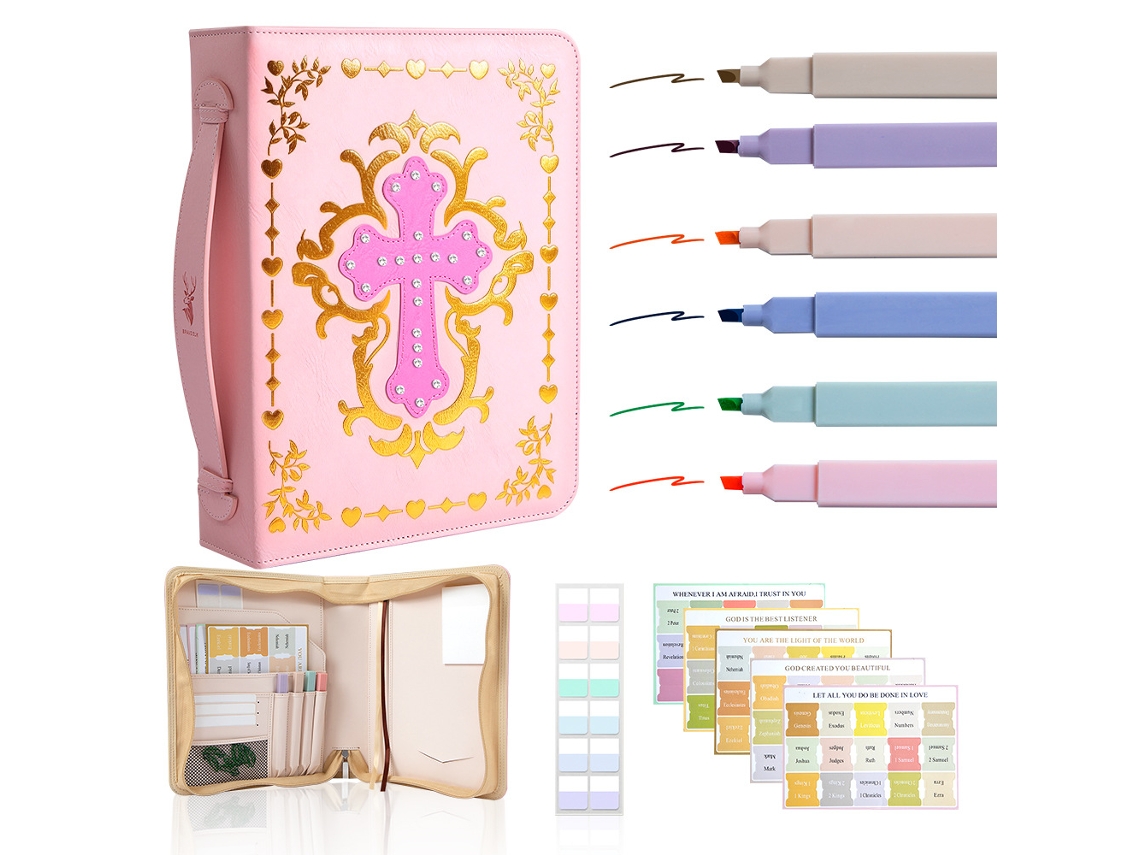 Pu Leather Cross Cover Bible Bag Handbag Book Zipper Pouch Love Pink With Random Color Pens 6pcs, Bohemian Stickers 5pcs
